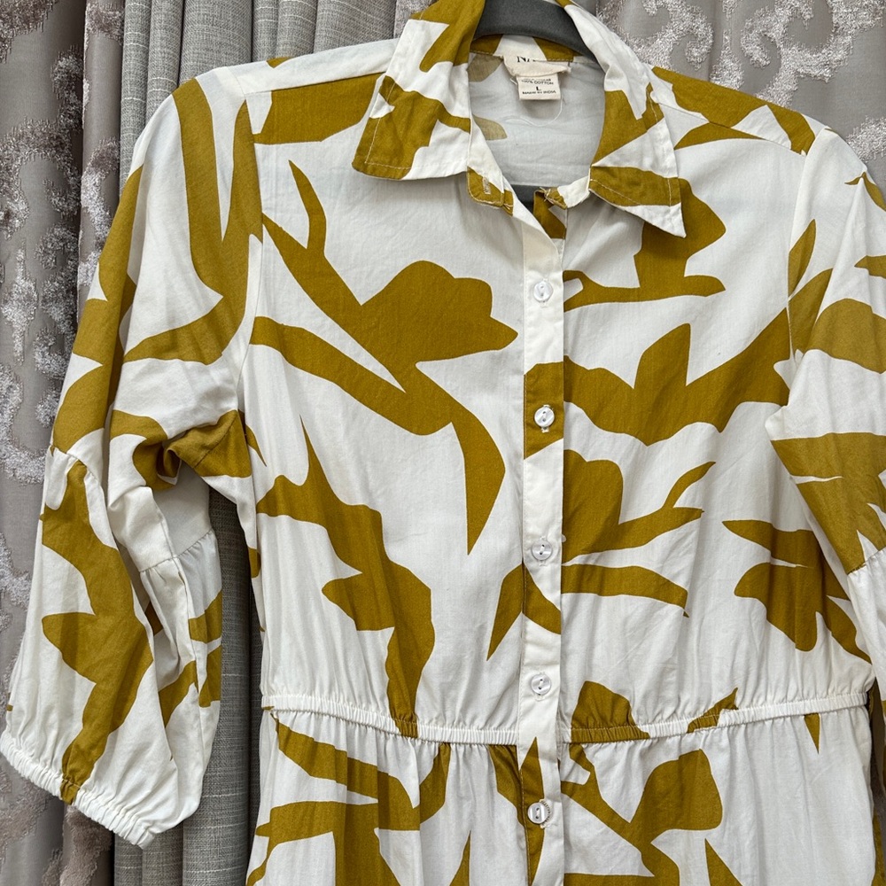 Naoo Floral White and Gold Button-Down Cotton Short Sleeve Dress Size Large - Picture 3 of 7